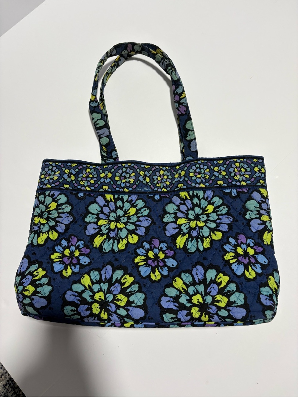 Vera Bradley Quilted Floral Tote Bag Navy Blue Green Purple Shoulder Handbag